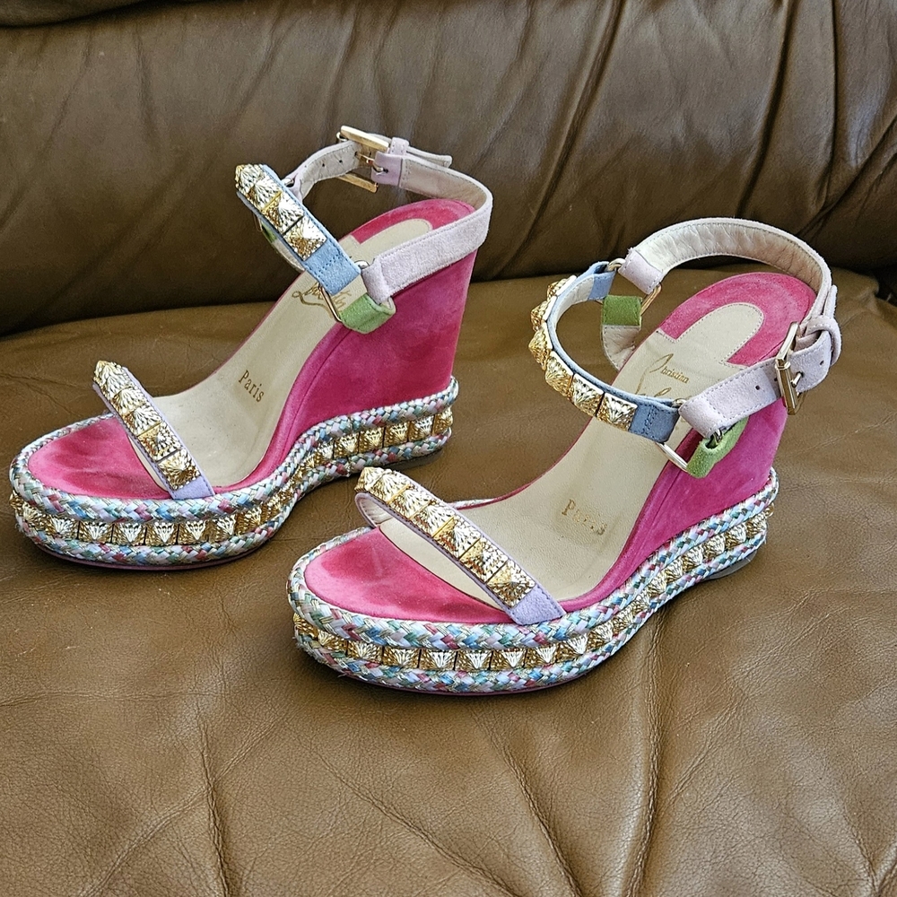 Christian Louboutin Pyraclou Suede Multicolor Gold Accent Wedges Sz 4 US - Picture 3 of 15